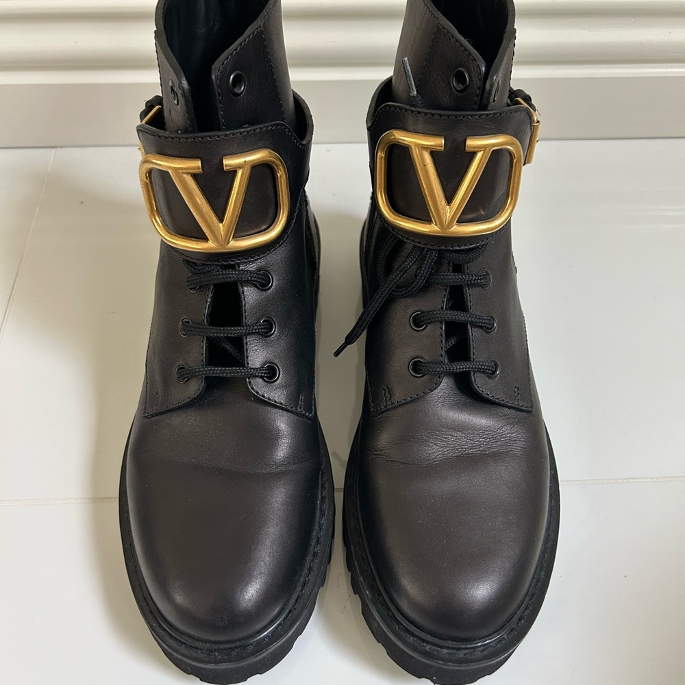 Valentino Black Combat Boots with Gold Logo
